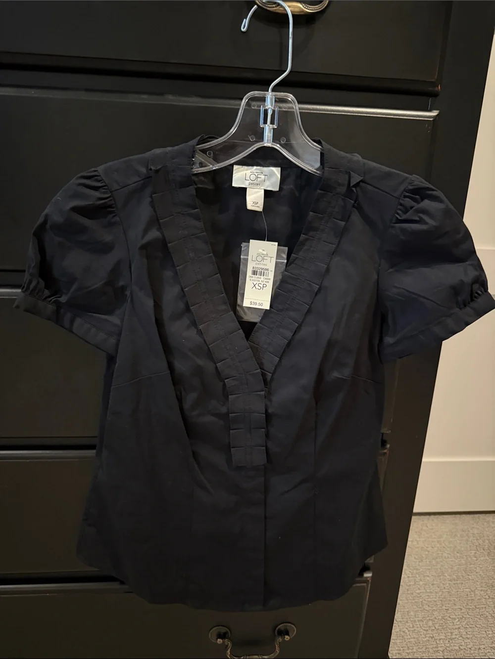 LOFT Black V-Neck Pleated Puff Sleeve Blouse